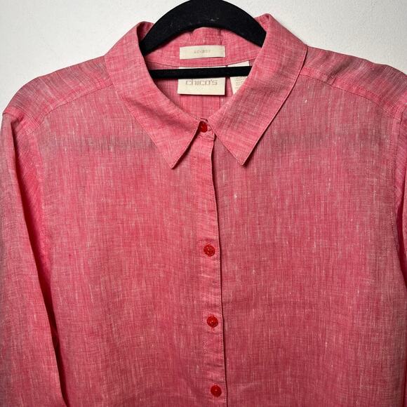 Chicos 100% Linen No Iron Button Up Shirt Pink Red Coral Size 1 Collar Summer - Picture 7 of 9